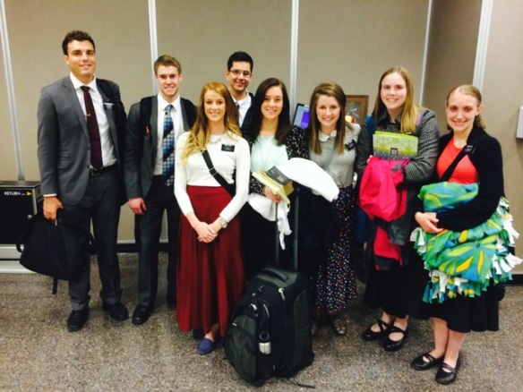 Emily with her MTC district at the SLC airport headed for Romania, via Detroit and Amsterdam
